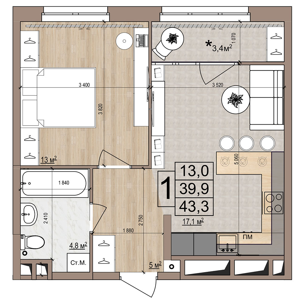 Планировка 1-комн.