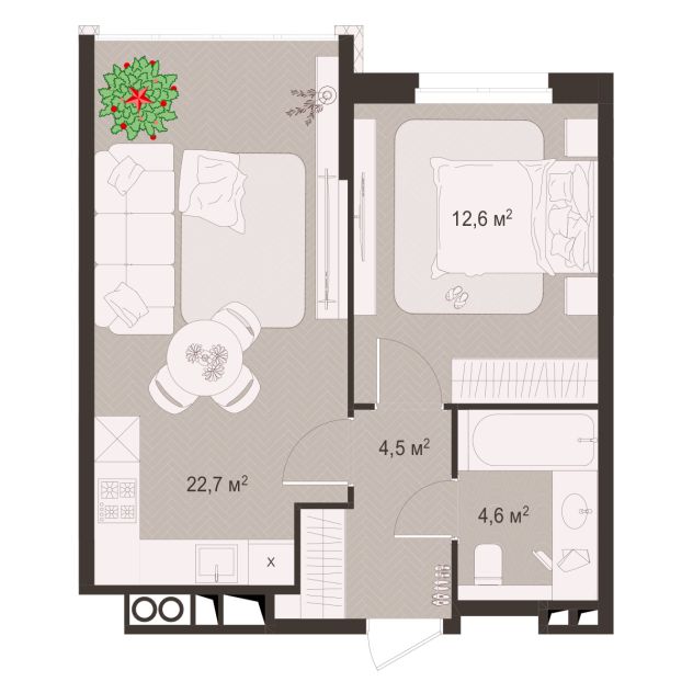 Планировка 1-комнатная, 44.4 м²