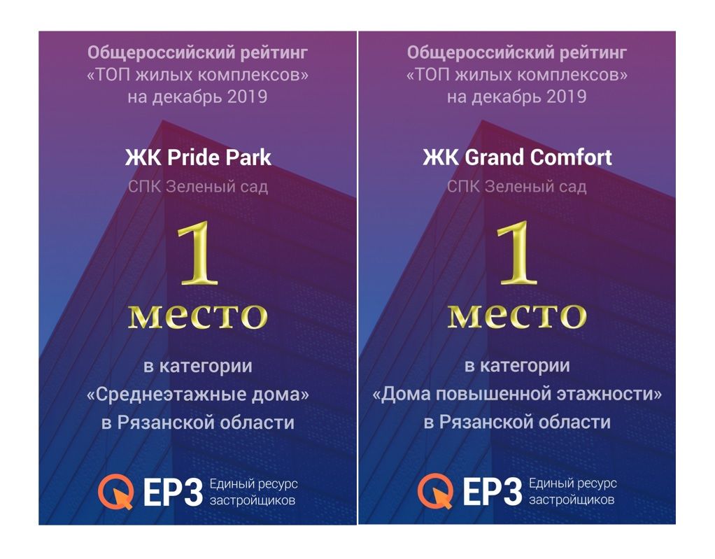 ЖК «Pride Park» и «Grand Comfort» - лучшие в декабре среди рязанских новостроек 